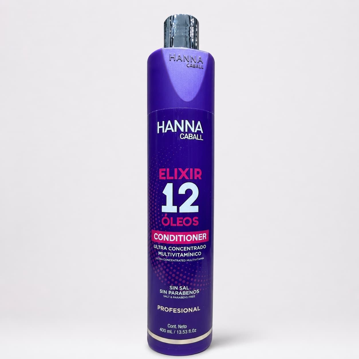 Botella morada de Hanna Caball Elixir 12 Óleos Conditioner de 400 ml