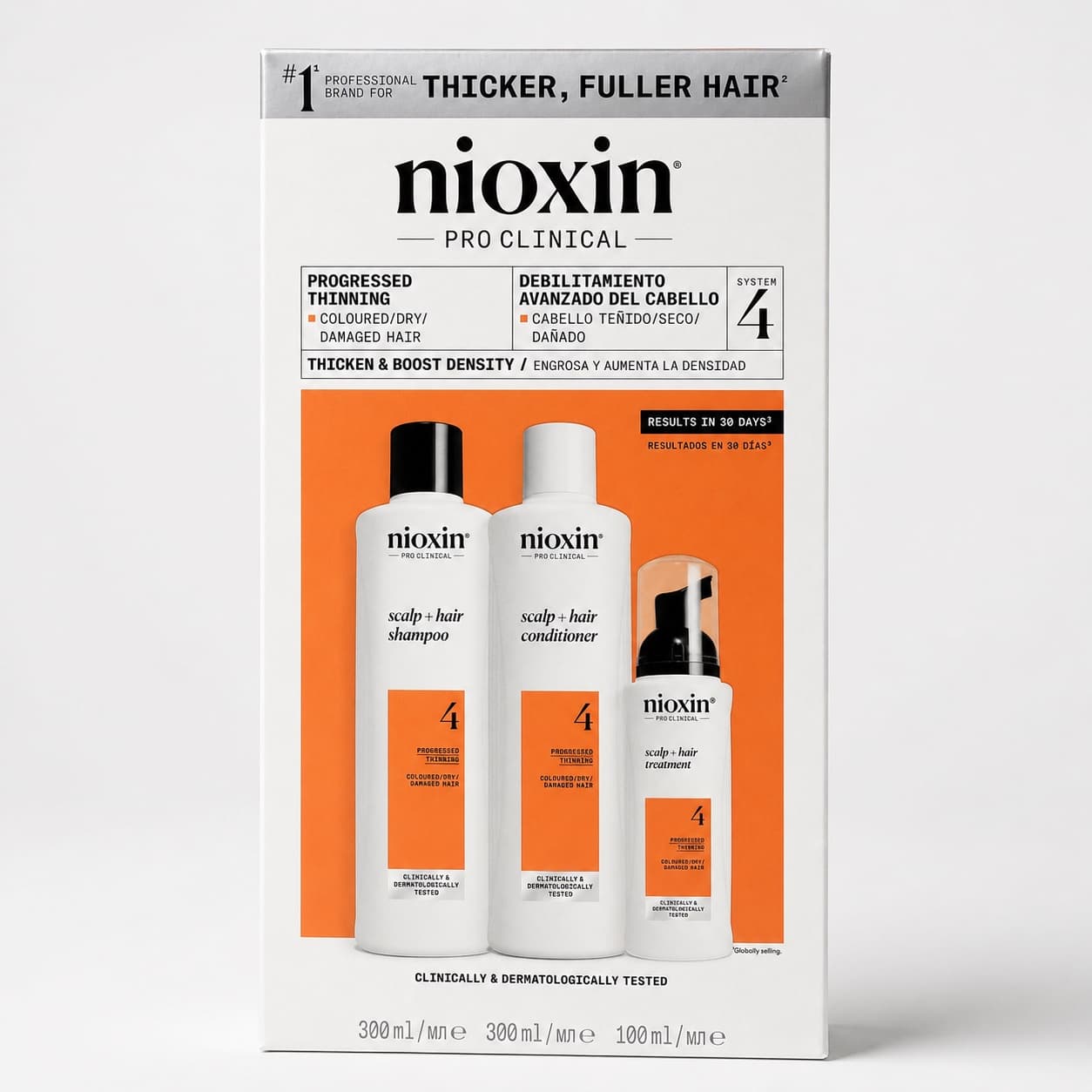 Caja frontal del kit Nioxin Pro Clinical System 4 con shampoo, acondicionador y tratamiento